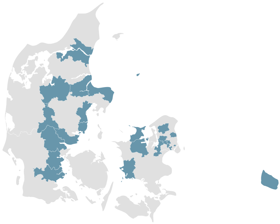 Danmarkskort med angivelse af hvilke kommuner. der har foretaget sociale effektinvesteringer.