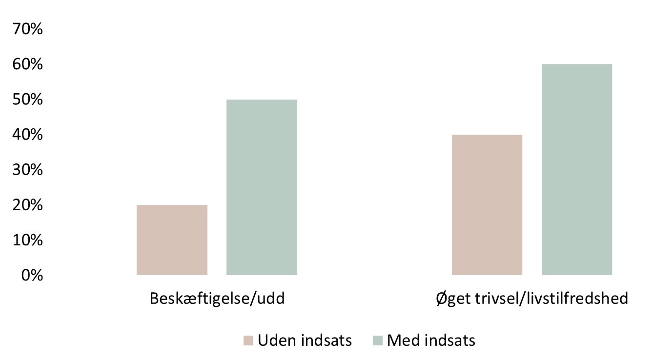Hvor mange opnår beskæftigelse/uddannelse og øget livstilfredshed, hhv. uden indsats og med indsats.